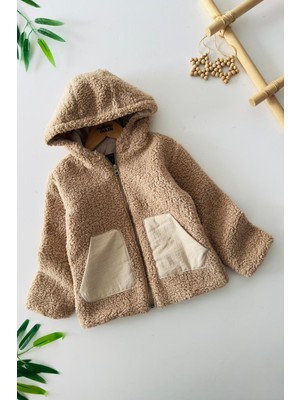 Miniğimin Cicileri Cep Detaylı Kapüşonlu Unisex Çocuk Welsoft hırka - Kahve Köpüğü