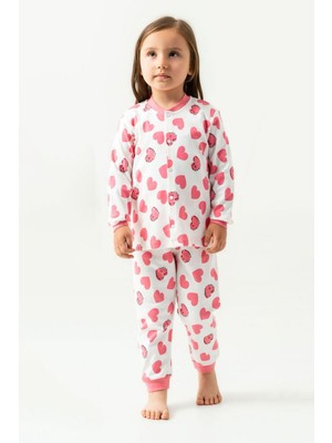 Miniğimin Cicileri Kalp Baskılı Pamuklu Kız Çocuk Çıtçıtlı pijama takımı - Gül