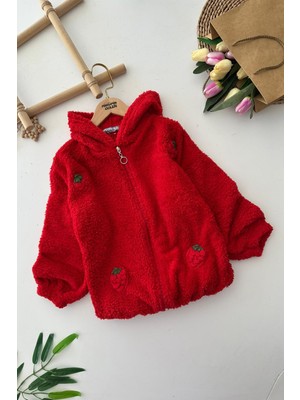 Miniğimin Cicileri Çilek Örme Detaylı Peluş Kız Çocuk Hırka - Kırmızı