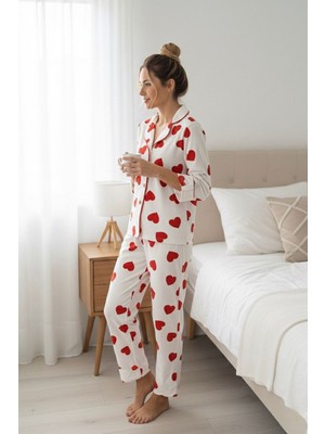 Miniğimin Cicileri Kalp  Desenli Süet Anne Pijama Takımı - Beyaz