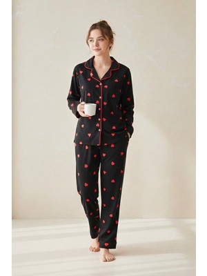 Miniğimin Cicileri Kalp Desenli Süet Anne Pijama Takımı - Siyah