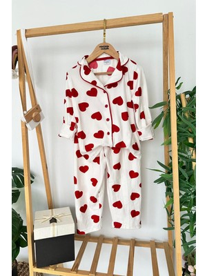Miniğimin Cicileri Kalp  Desenli Süet Kız Çocuk Pijama Takımı - Beyaz