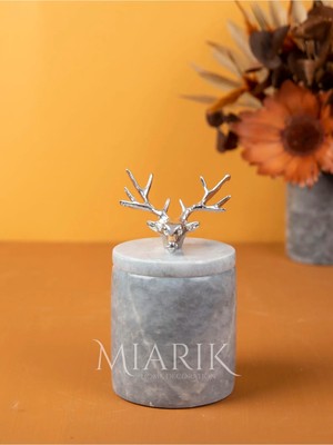 Miarik Design Dekoratif Gri Mermer Pamukluk Gümüş Boynuzlu Geyık Detaylı