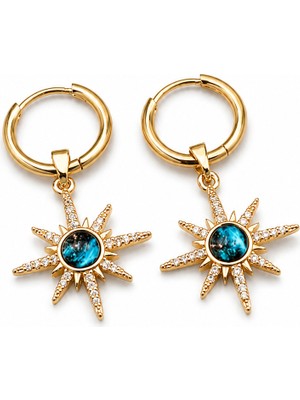 Trend Collection Gold Renk Mavi Taşlı Kutup Yıldızı Çelik Halka Küpe