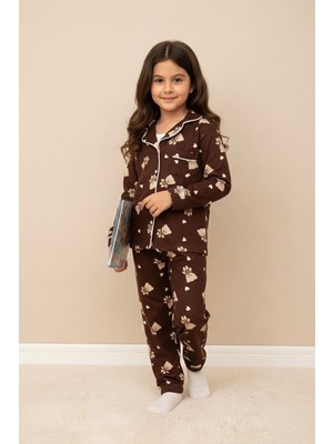Miniğimin Cicileri Ayıcık  Desenli Süet Kız Çocuk Pijama Takımı - Acı kahve