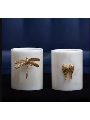 Miarik Design Dekoratif Beyaz Mermer 2 Li Gold Aksesuar Detaylı Tasarım Dis Fircalik, Kasiklik, Makyaj Düzenleyici