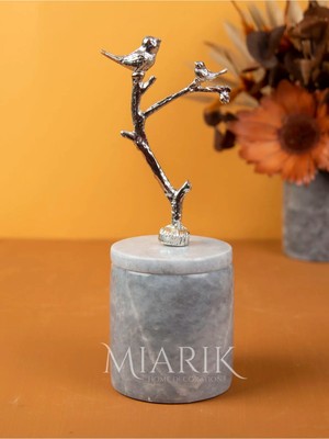 Miarik Design Dekoratif Gri Mermer Pamukluk Gümüş Dalda Kus Detaylı
