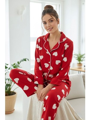 Miniğimin Cicileri Kalp Desenli Süet Anne Pijama Takımı- Kırmızı