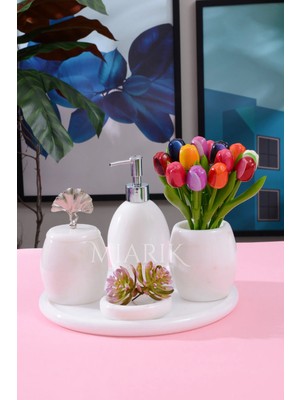 Miarik Design Dekoratif Beyaz Mermer Oval Banyo Seti Takımı 5 Li Tasarım Set