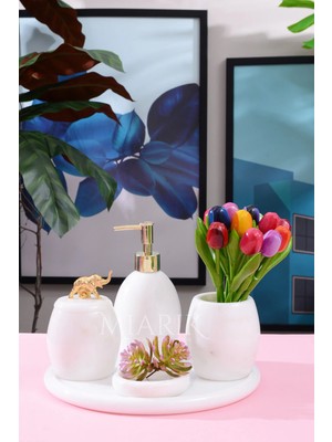 Miarik Design Dekoratif Beyaz Mermer Oval Banyo Seti Takımı 5 Li Tasarım Set