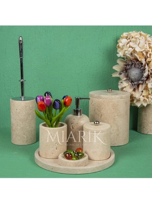 Miarik Design Dekoratif Doğal Traverten Mermer Banyo Seti Takımı Aksesuar Detaylı