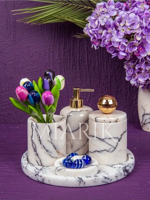 Miarik Design Dekoratif Beyaz Mermer Aksesuar Detaylı 5li Banyo Seti Takımı