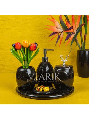 Miarik Design Dekoratif Siyah Mermer Banyo Seti Takımı 5 Li Tasarım Set Geyik Gumus Aksesurli