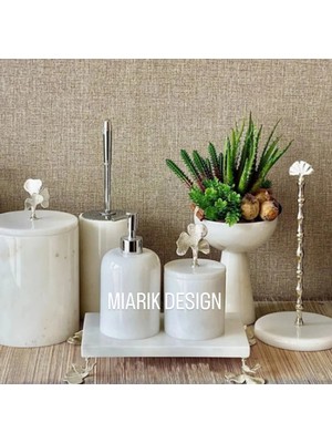 Miarik Design Dekoratif Beyaz Mermer Gınko Aksesuar Detaylı 6 Li Banyo Seti Takımı