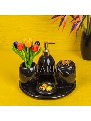 Miarik Design Dekoratif Siyah Mermer Banyo Seti Takımı 5 Li Tasarım Set