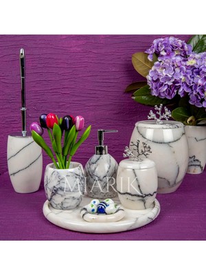 Miarik Design Dekoratif Leylak Mermer Banyo Seti Takımı 7 Li Pirinç Detaylı Tasarım Set