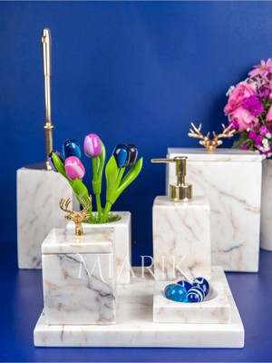 Miarik Design Dekoratif Mermer Aksesuar Detaylı 7 Li Kare Banyo Seti Takımı