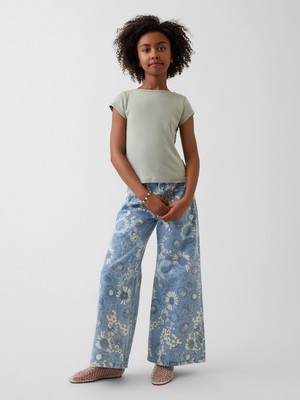 Gap Kız Çocuk Mavi Low Rise Çiçekli Baggy Jean Pantolon