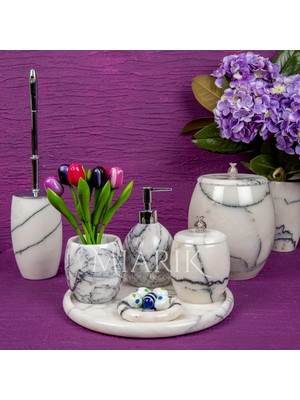 Miarik Design Dekoratif Leylak Mermer Banyo Seti Takımı 7 Li Pirinç Detaylı Tasarım Set