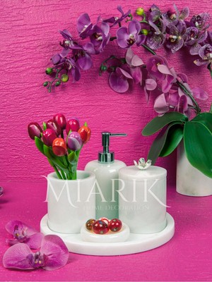 Miarik Design Dekoratif Beyaz Mermer Yaprak Detaylı 5 Li Banyo Seti Takımı
