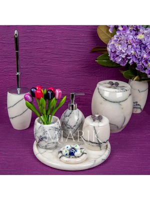 Miarik Design Dekoratif Leylak Mermer Banyo Seti Takımı 7 Li Pirinç Detaylı Tasarım Set
