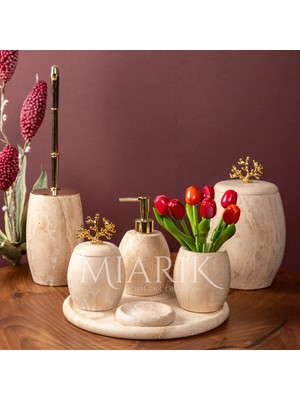 Miarik Design Dekoratif Traverten Mermer Oval Banyo Seti Takımı 7 Li Pirinç Detaylı Tasarım Set