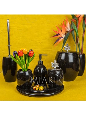 Miarik Design Dekoratif Siyah Mermer Banyo Seti Takımı 7 Li Pirinç Aksesuar Detaylı Tasarım Set