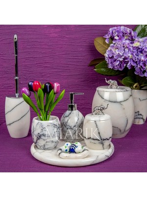 Miarik Design Dekoratif Leylak Mermer Banyo Seti Takımı 7 Li Pirinç Detaylı Tasarım Set