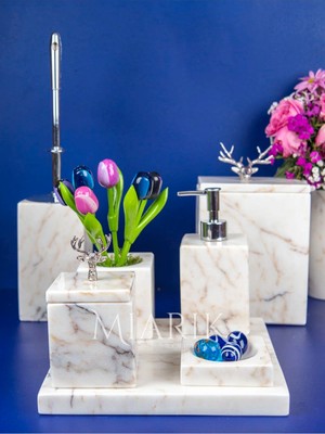 Miarik Design Dekoratif Mermer Aksesuar Detaylı 7 Li Kare Banyo Seti Takımı