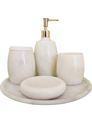 Miarik Design Dekoratif Beyaz Mermer Banyo Seti Takımı 5 Li Gold Detaylı