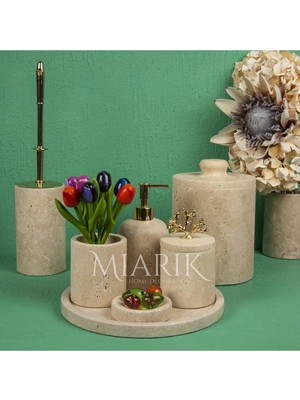 Miarik Design 7li Aksesuar Detaylı Tasarım Set ile Dekoratif Traverten Mermer Banyo Seti