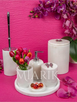 Miarik Design Dekoratif Beyaz Mermer Yaprak Detaylı 7 Li Banyo Seti Takımı