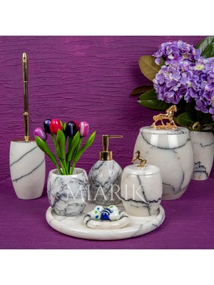Miarik Design Dekoratif Leylak Mermer Banyo Seti Takımı 7 Li Pirinç Detaylı Tasarım Set