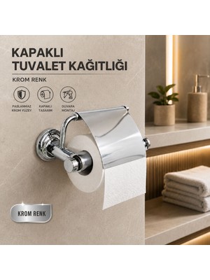 Badem10 Krom Kapaklı Tuvalet Kağıtlığı Lüks Banyo Wc Kağıtlık Duvara Montajlı Parlak Metal Görünümlü