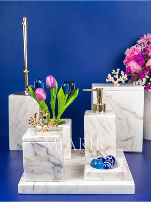 Miarik Design Dekoratif Mermer Aksesuar Detaylı 7 Li Kare Banyo Seti Takımı