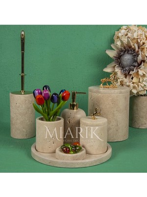 Miarik Design Dekoratif Doğal Traverten Mermer Banyo Seti Takımı Aksesuar Detaylı