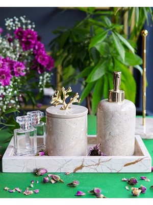 Miarik Design Dekoratif Bej Mermer Gold Altın Mercan Detaylı Dikdortgen Tepsı 3 Lu Banyo Seti Takımı
