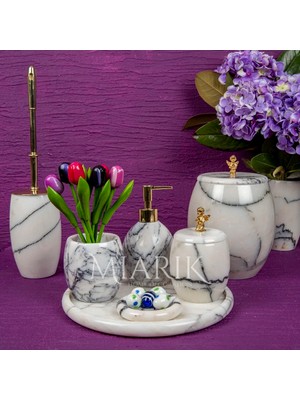 Miarik Design Dekoratif Leylak Mermer Banyo Seti Takımı 7 Li Pirinç Detaylı Tasarım Set