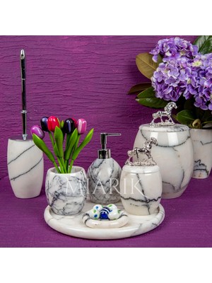 Miarik Design Dekoratif Leylak Mermer Banyo Seti Takımı 7 Li Pirinç Detaylı Tasarım Set