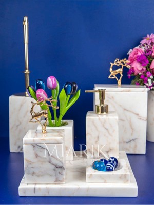 Miarik Design Dekoratif Mermer Aksesuar Detaylı 7 Li Kare Banyo Seti Takımı