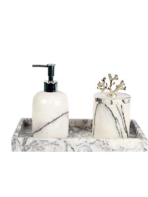 Miarik Design Dekoratif Leylak Mermer Gümüş Sılver Mercan Detaylı Dikdortgen Tepsı 3 Lu Banyo Seti Takımı