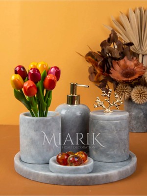 Miarik Design Dekoratif Gri Mermer Gold Altın Kristal Detaylı 5'li Banyo Seti Takımı