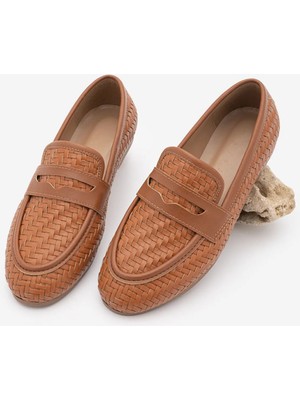 Marjin Kadın Loafer Makosen Örgü Desen Günlük Ayakkabı Karnel Taba