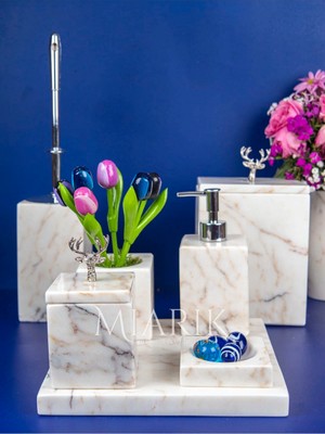 Miarik Design Dekoratif Mermer Aksesuar Detaylı 7li Kare Banyo Seti Takımı
