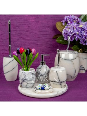 Miarik Design Dekoratif Leylak Mermer Banyo Seti Takımı 7 Li Pirinç Detaylı Tasarım Set