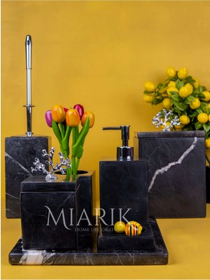 Miarik Design Dekoratif Sıyah Mermer Gümüş Mercan Detaylı 7 Li Kare Banyo Seti Takımı