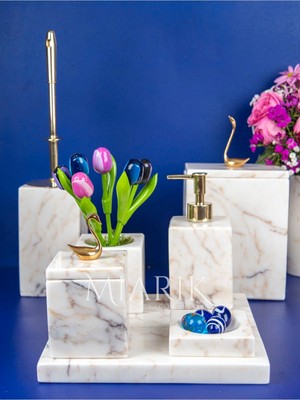 Miarik Design Dekoratif Mermer Aksesuar Detaylı 7 Li Kare Banyo Seti Takımı