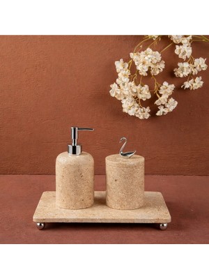 Miarik Design Dekoratif Traverten Mermer Aksesuar Detaylı 3 Lu Banyo Seti Takımı