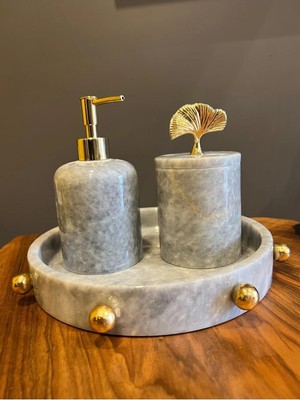 Miarik Design Dekoratif Gri Mermer Altın Top Kabare Detaylı 4 Lu Banyo Seti Takımı