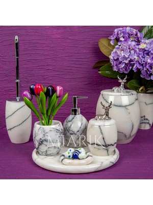Miarik Design Dekoratif Leylak Mermer Banyo Seti Takımı 7 Li Pirinç Detaylı Tasarım Set